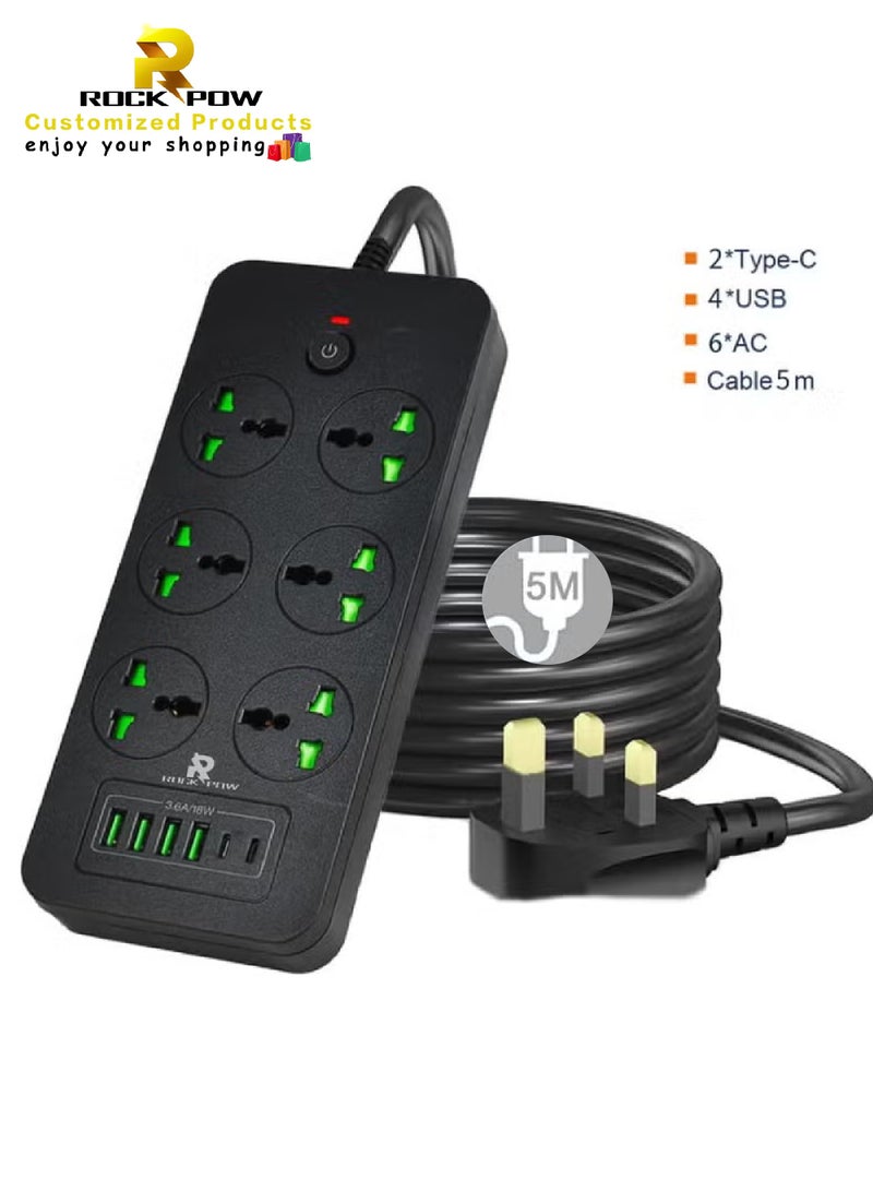 Rock Pow 5meters Surge Protector Power Strip- Flat Plug Extension Cord With 6 Outlets And 4 USB Ports And 2 Type-C Ports,5M Power Cord(3000W/16A/110V-265V),PC Flame Retardant Material,Pure Copper Core - Image 1